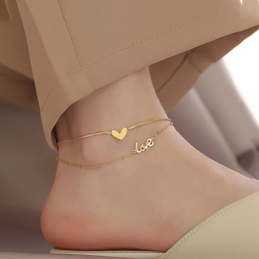 Luxury Brand Jewelry Double Layer Heart Love Letter Anklet Snake Chain Women Gold Color Stainless Steel Ladies Jewelry Not Fade
